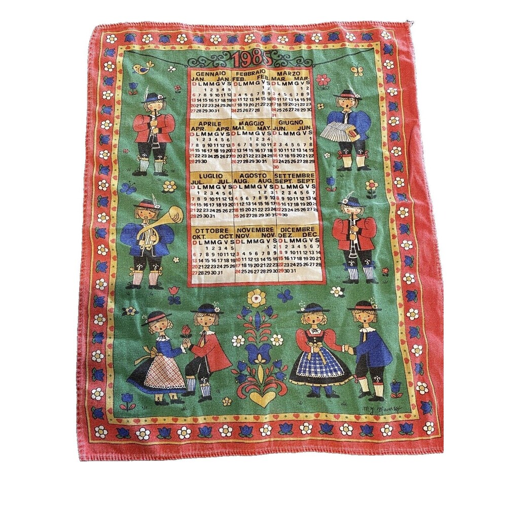 Fun Gift! Vintage, CLEAN 1985 Calendar Tea Towel Italian Folk Art Kitchen